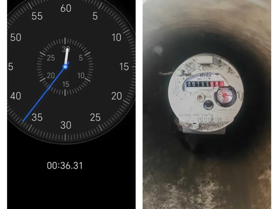 Water meter and stopwatch showing 1 litre flow rate during leak detection