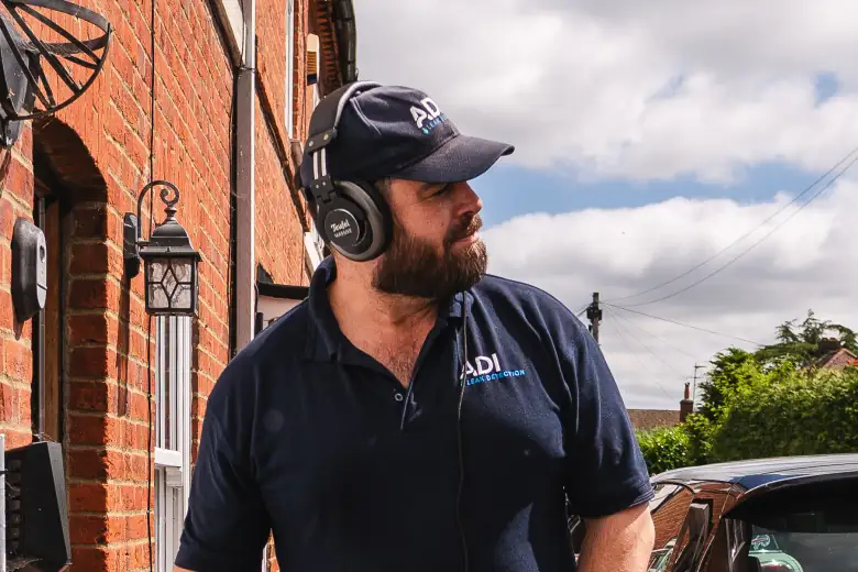 Engineer in headphones with acoustic listening kit outside a terraced house